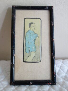 Vntg (Antique?) Miniature Framed Chinese Man Wall Art – Signed – On Fabric